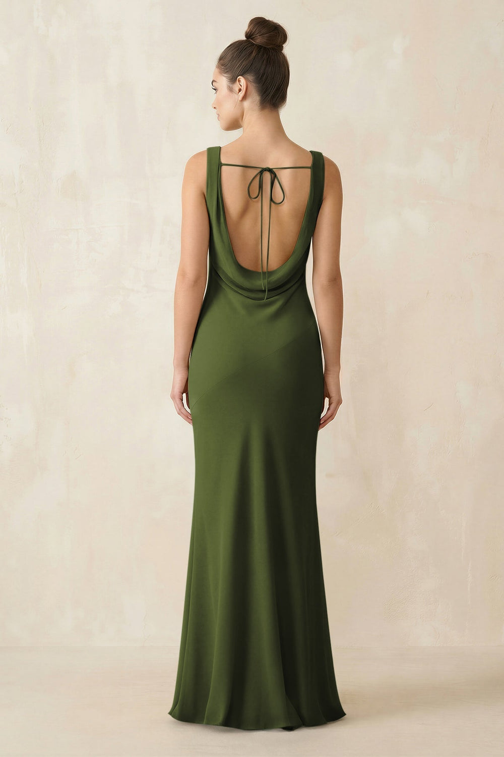 Cowl Neck Sheath Chiffon Bridesmaid Dress in Olive - KissProm Bridesmaid Dresses