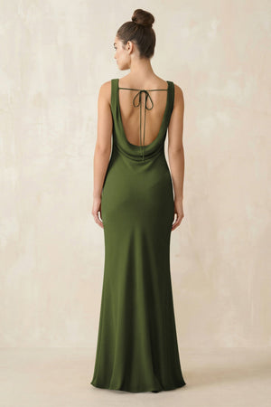 Cowl Neck Sheath Chiffon Bridesmaid Dress in Olive - KissProm Bridesmaid Dresses