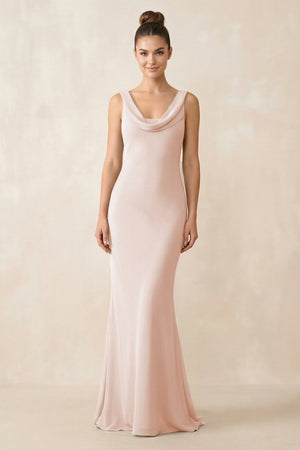 Cowl Neck Sheath Chiffon Bridesmaid Dress in Pale Blush - KissProm Bridesmaid Dresses