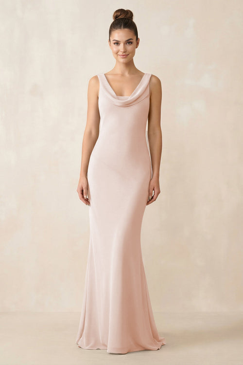 Cowl Neck Sheath Chiffon Bridesmaid Dress in Pale Blush - KissProm Bridesmaid Dresses