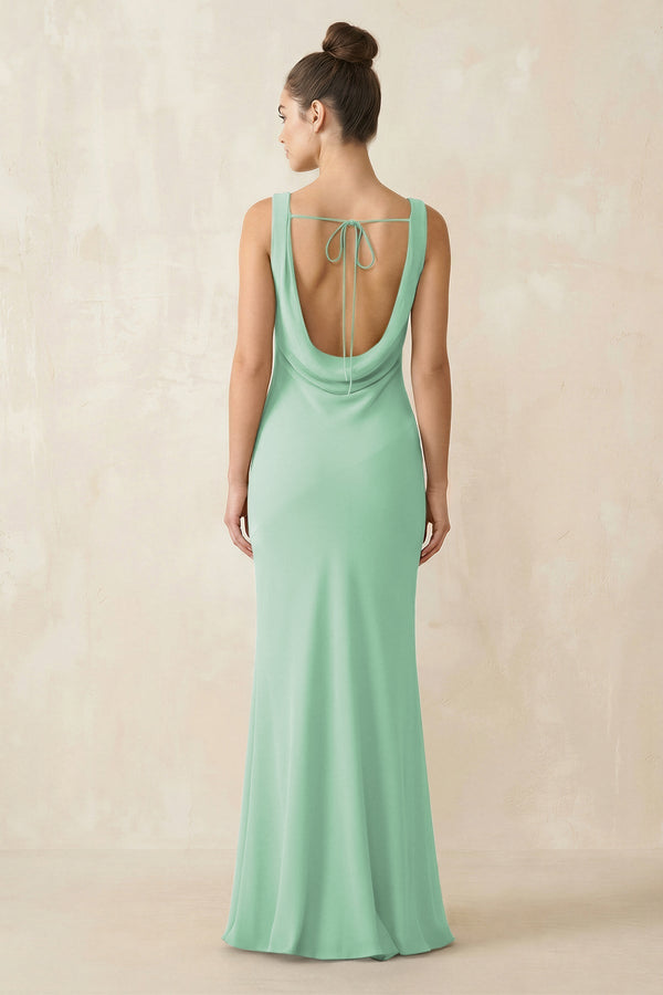 Cowl Neck Sheath Chiffon Bridesmaid Dress in Pale Pistachio - KissProm Bridesmaid Dresses