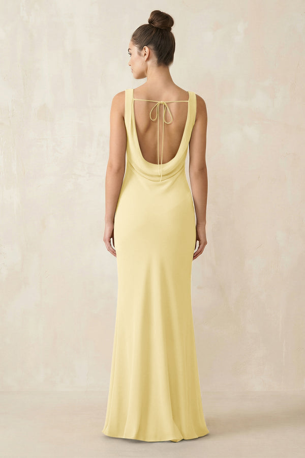 Cowl Neck Sheath Chiffon Bridesmaid Dress in Pastel Yellow - KissProm Bridesmaid Dresses