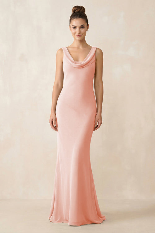 Cowl Neck Sheath Chiffon Bridesmaid Dress in Rose Petal - KissProm Bridesmaid Dresses
