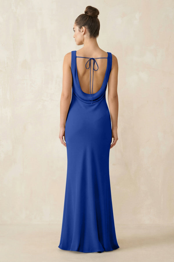 Cowl Neck Sheath Chiffon Bridesmaid Dress in Royal Blue - KissProm Bridesmaid Dresses