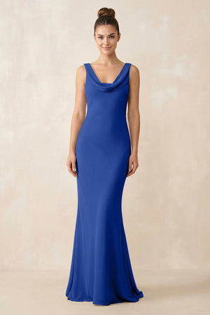 Cowl Neck Sheath Chiffon Bridesmaid Dress in Royal Blue - KissProm Bridesmaid Dresses