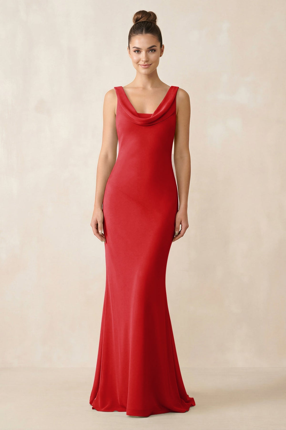 Cowl Neck Sheath Chiffon Bridesmaid Dress in Ruby Red - KissProm Bridesmaid Dresses
