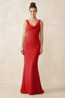 Cowl Neck Sheath Chiffon Bridesmaid Dress in Ruby Red - KissProm Bridesmaid Dresses
