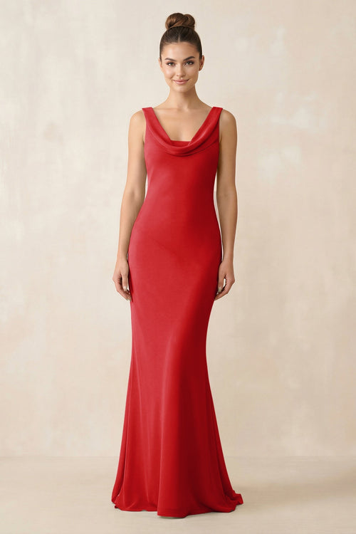 Cowl Neck Sheath Chiffon Bridesmaid Dress in Ruby Red - KissProm Bridesmaid Dresses