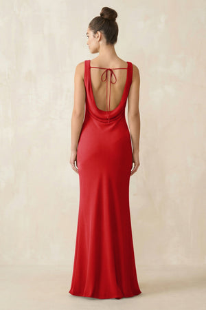 Cowl Neck Sheath Chiffon Bridesmaid Dress in Ruby Red - KissProm Bridesmaid Dresses