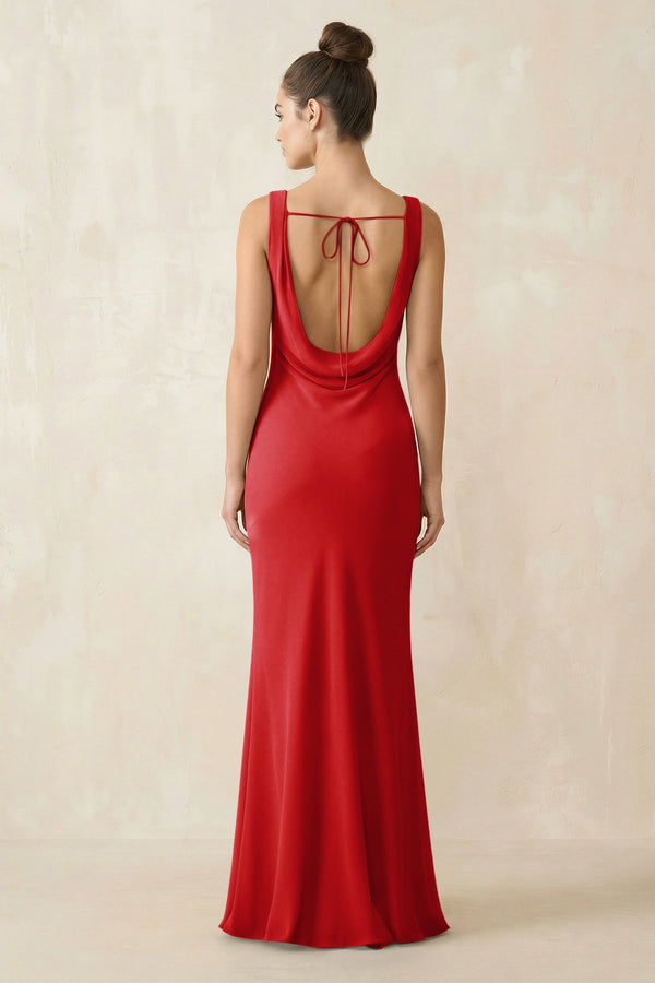 Cowl Neck Sheath Chiffon Bridesmaid Dress in Ruby Red - KissProm Bridesmaid Dresses