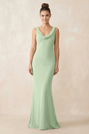 Cowl Neck Sheath Chiffon Bridesmaid Dress in Sage - KissProm Bridesmaid Dresses