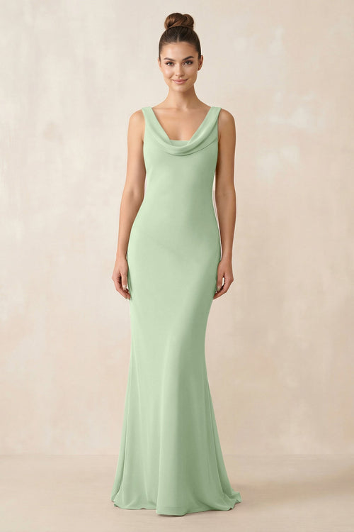 Cowl Neck Sheath Chiffon Bridesmaid Dress in Sage - KissProm Bridesmaid Dresses