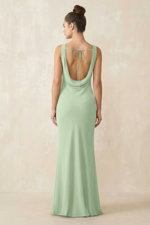 Cowl Neck Sheath Chiffon Bridesmaid Dress in Sage - KissProm Bridesmaid Dresses