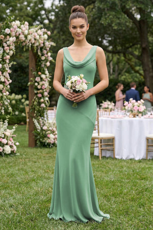 Cowl Neck Sheath Chiffon Bridesmaid Dress in Sea Glass - KissProm Bridesmaid Dresses