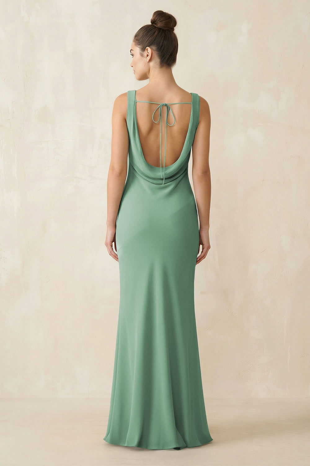 Cowl Neck Sheath Chiffon Bridesmaid Dress in Sea Glass - KissProm Bridesmaid Dresses