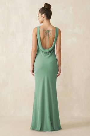 Cowl Neck Sheath Chiffon Bridesmaid Dress in Sea Glass - KissProm Bridesmaid Dresses