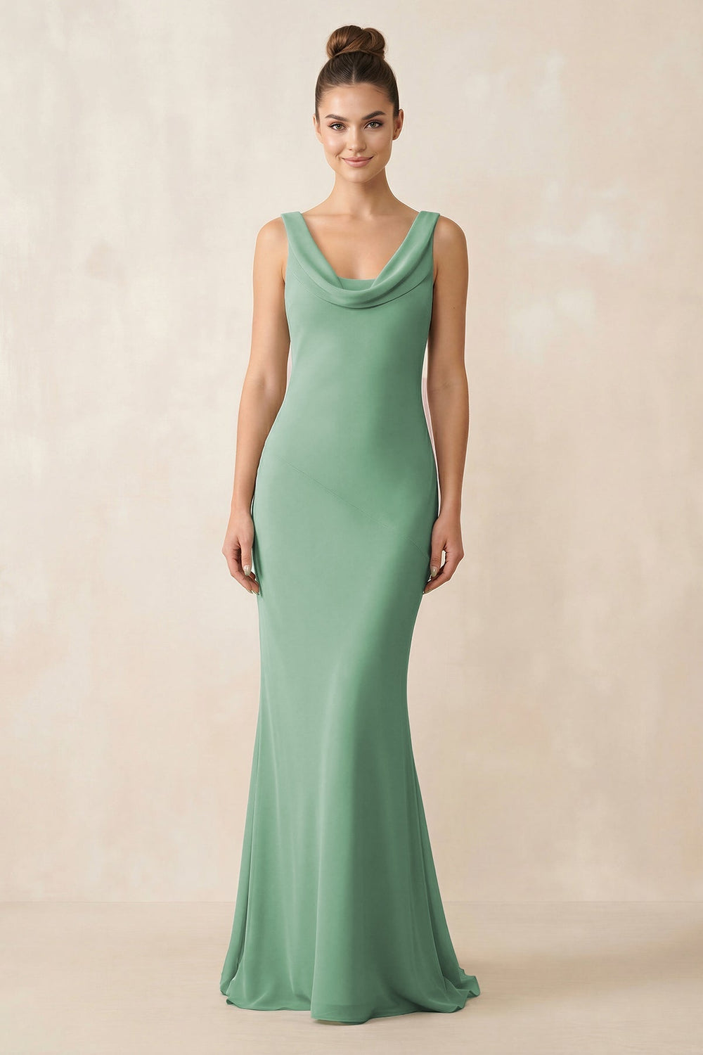 Cowl Neck Sheath Chiffon Bridesmaid Dress in Sea Glass - KissProm Bridesmaid Dresses
