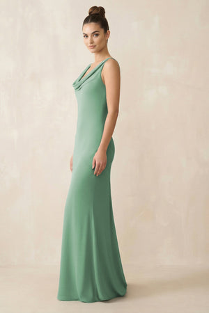 Cowl Neck Sheath Chiffon Bridesmaid Dress in Sea Glass - KissProm Bridesmaid Dresses