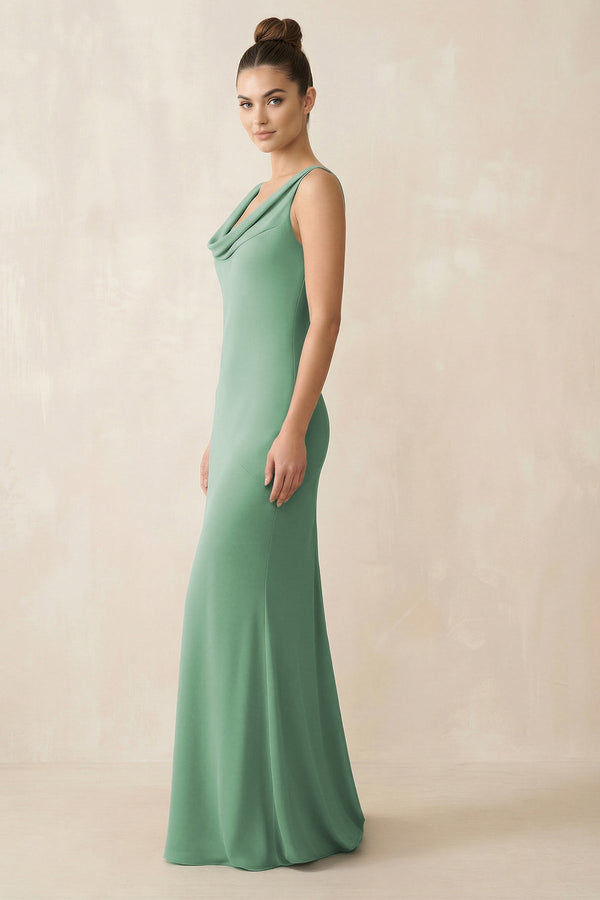 Cowl Neck Sheath Chiffon Bridesmaid Dress in Sea Glass - KissProm Bridesmaid Dresses