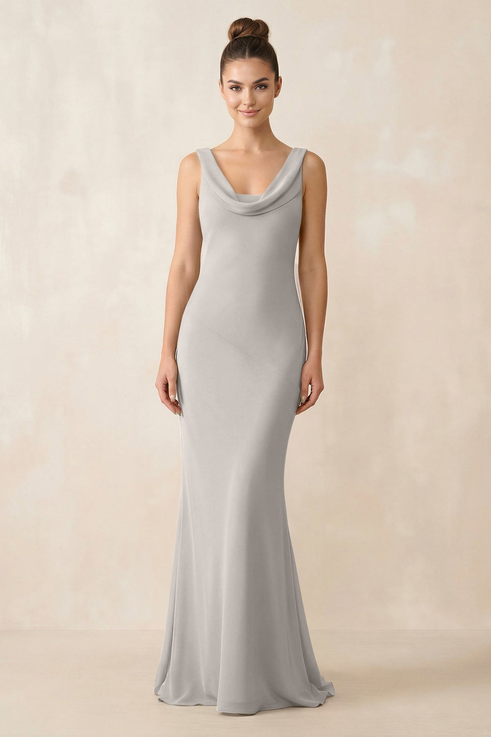Cowl Neck Sheath Chiffon Bridesmaid Dress in Silver - KissProm Bridesmaid Dresses