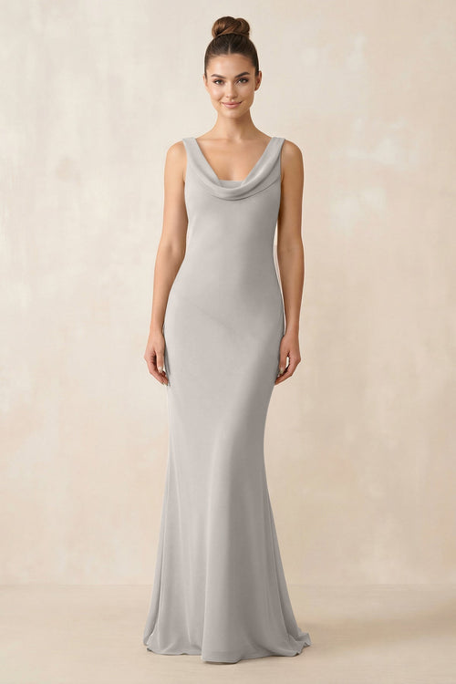 Cowl Neck Sheath Chiffon Bridesmaid Dress in Silver - KissProm Bridesmaid Dresses