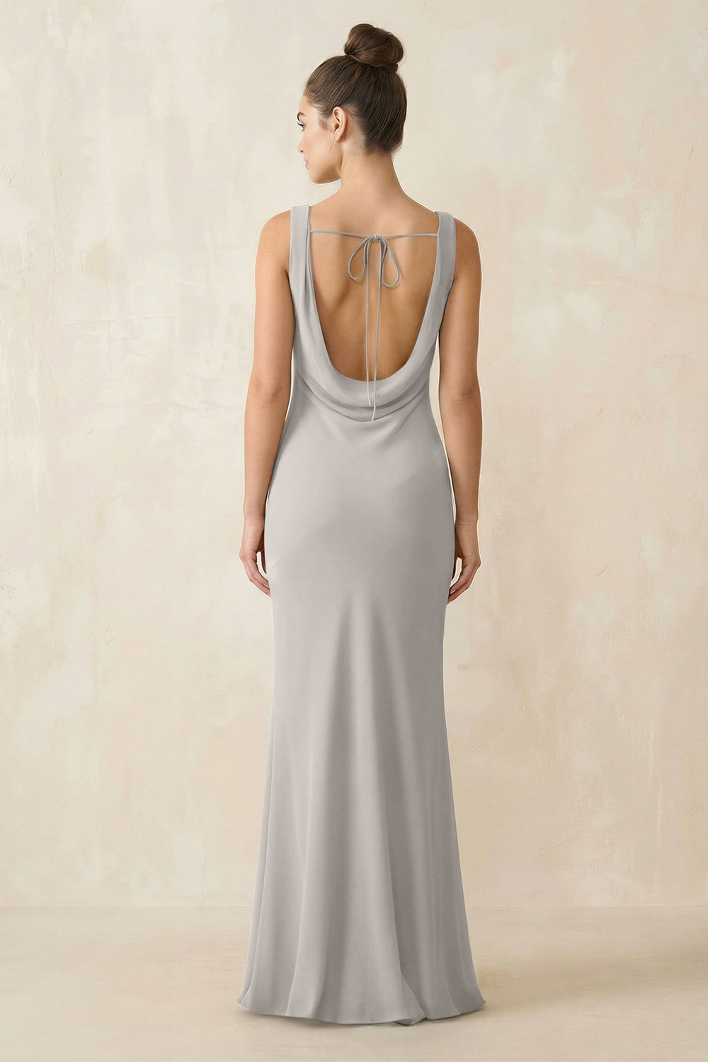 Cowl Neck Sheath Chiffon Bridesmaid Dress in Silver - KissProm Bridesmaid Dresses