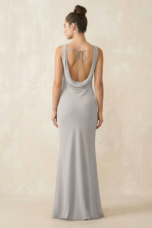 Cowl Neck Sheath Chiffon Bridesmaid Dress in Silver - KissProm Bridesmaid Dresses