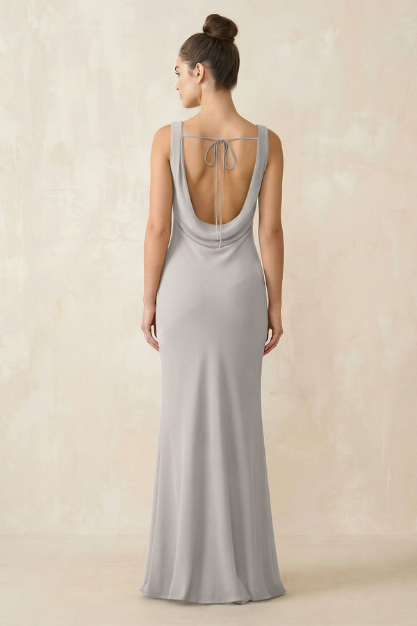 Cowl Neck Sheath Chiffon Bridesmaid Dress in Silver - KissProm Bridesmaid Dresses