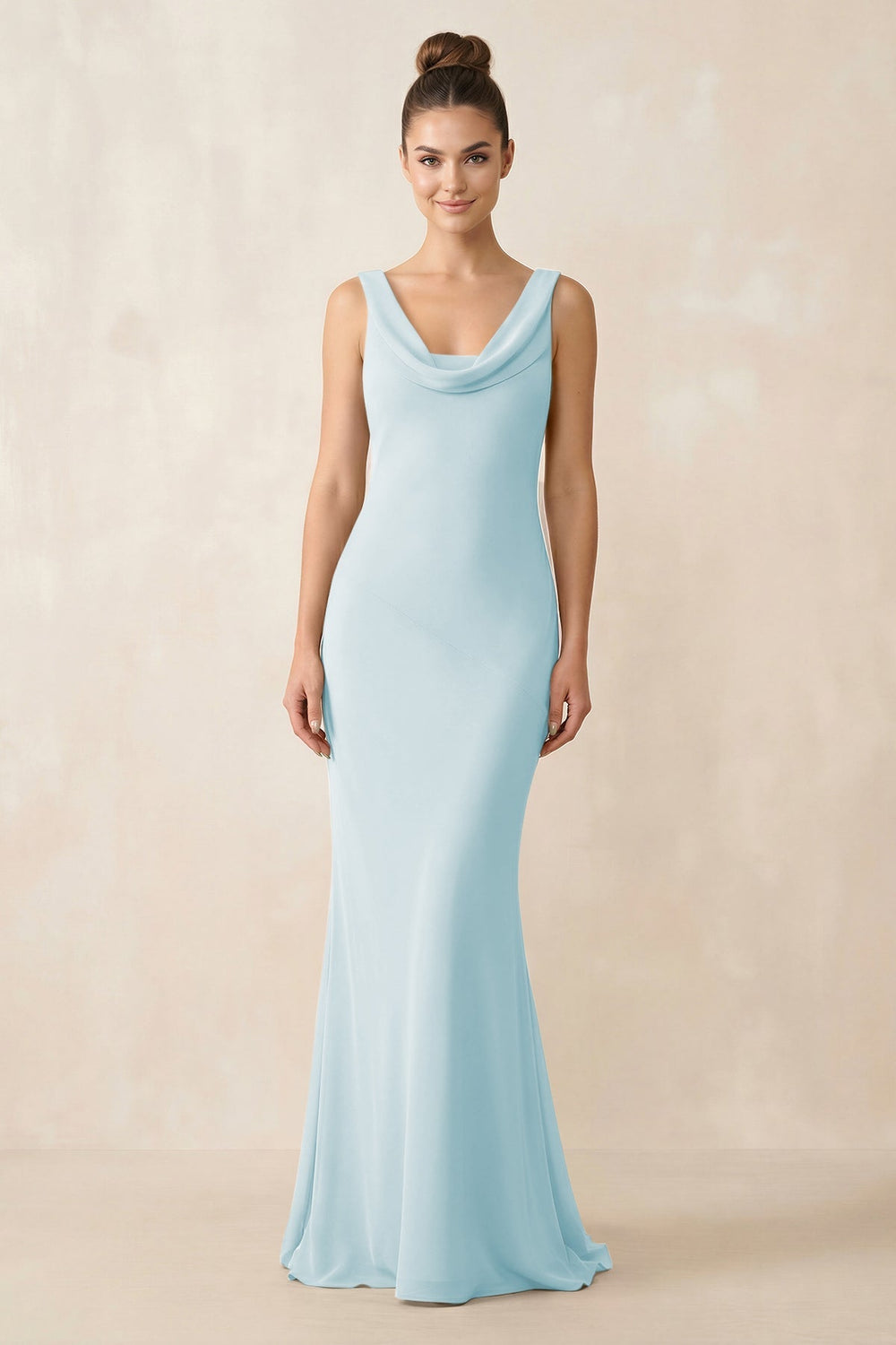 Cowl Neck Sheath Chiffon Bridesmaid Dress in Sky Blue - KissProm Bridesmaid Dresses
