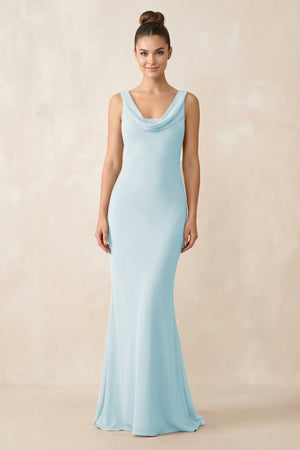Cowl Neck Sheath Chiffon Bridesmaid Dress in Sky Blue - KissProm Bridesmaid Dresses