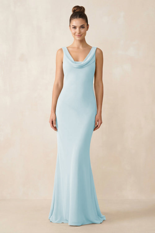 Cowl Neck Sheath Chiffon Bridesmaid Dress in Sky Blue - KissProm Bridesmaid Dresses