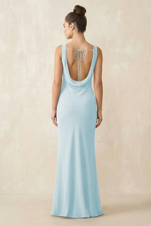 Cowl Neck Sheath Chiffon Bridesmaid Dress in Sky Blue - KissProm Bridesmaid Dresses