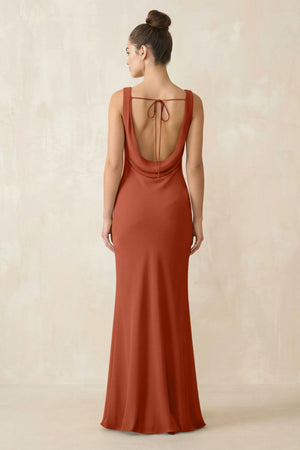 Cowl Neck Sheath Chiffon Bridesmaid Dress in Spice - KissProm Bridesmaid Dresses