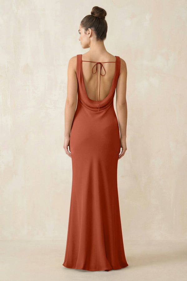 Cowl Neck Sheath Chiffon Bridesmaid Dress in Spice - KissProm Bridesmaid Dresses