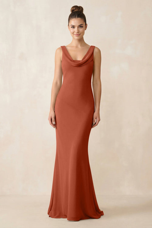 Cowl Neck Sheath Chiffon Bridesmaid Dress in Spice - KissProm Bridesmaid Dresses