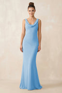Cowl Neck Sheath Chiffon Bridesmaid Dress in Steel Blue - KissProm Bridesmaid Dresses