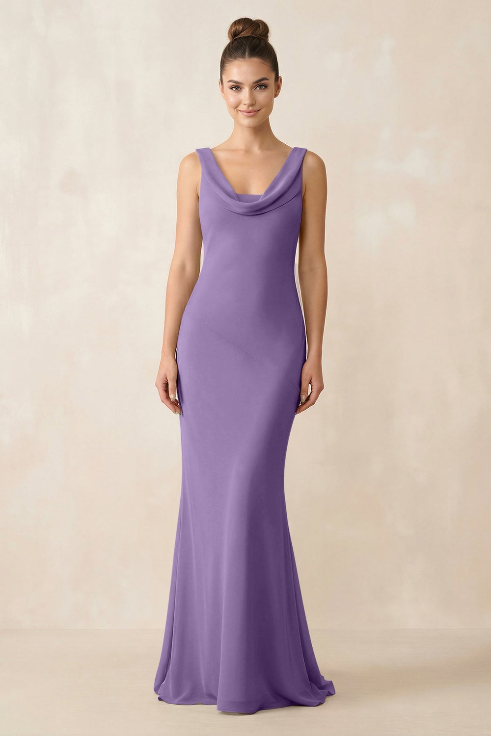 Cowl Neck Sheath Chiffon Bridesmaid Dress in Tahiti - KissProm Bridesmaid Dresses