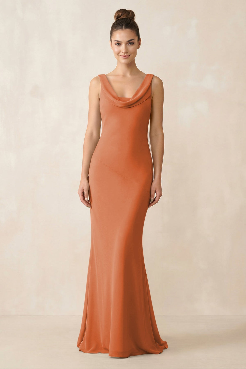 Cowl Neck Sheath Chiffon Bridesmaid Dress in Terracotta - KissProm Bridesmaid Dresses