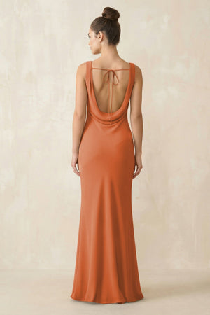 Cowl Neck Sheath Chiffon Bridesmaid Dress in Terracotta - KissProm Bridesmaid Dresses
