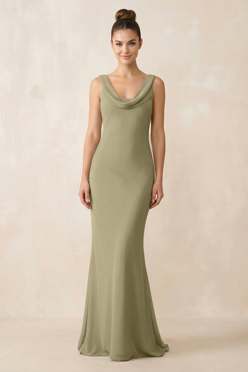 Cowl Neck Sheath Chiffon Bridesmaid Dress in Thyme - KissProm Bridesmaid Dresses