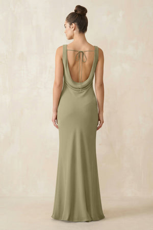Cowl Neck Sheath Chiffon Bridesmaid Dress in Thyme - KissProm Bridesmaid Dresses
