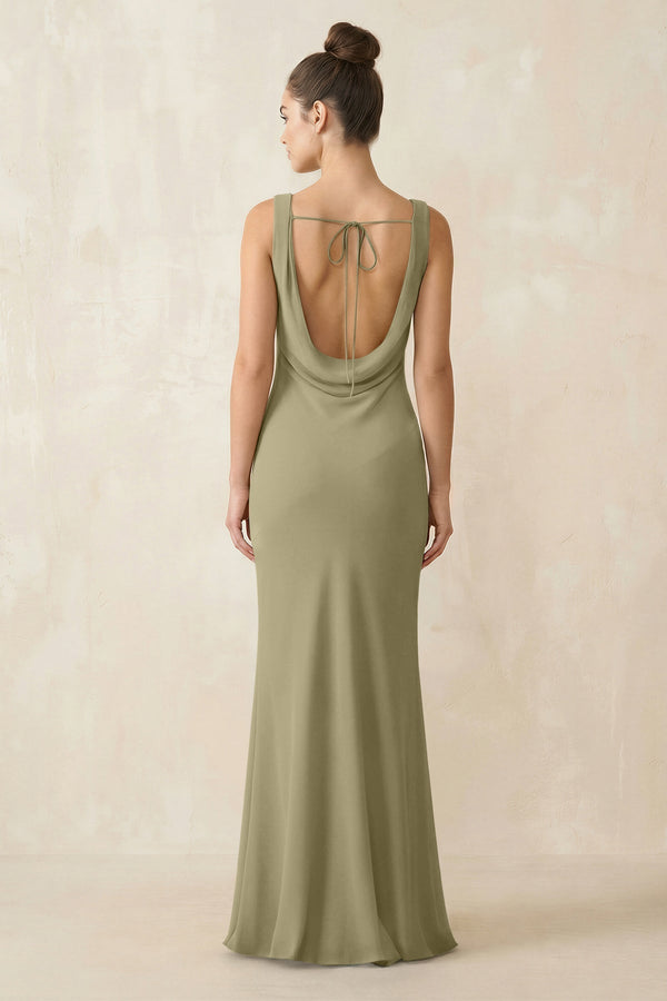 Cowl Neck Sheath Chiffon Bridesmaid Dress in Thyme - KissProm Bridesmaid Dresses
