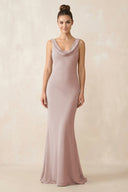 Cowl Neck Sheath Chiffon Bridesmaid Dress in Toffee - KissProm Bridesmaid Dresses