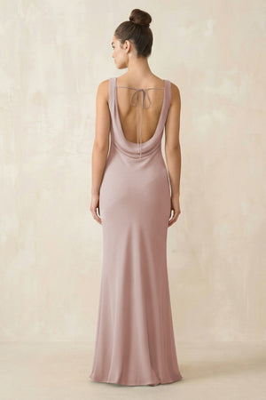 Cowl Neck Sheath Chiffon Bridesmaid Dress in Toffee - KissProm Bridesmaid Dresses