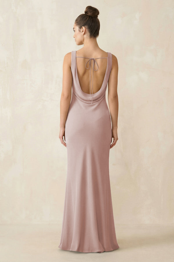 Cowl Neck Sheath Chiffon Bridesmaid Dress in Toffee - KissProm Bridesmaid Dresses
