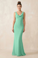 Cowl Neck Sheath Chiffon Bridesmaid Dress in Turquoise - KissProm Bridesmaid Dresses