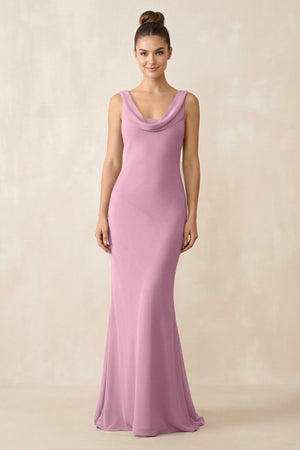 Cowl Neck Sheath Chiffon Bridesmaid Dress in Vintage Mauve - KissProm Bridesmaid Dresses