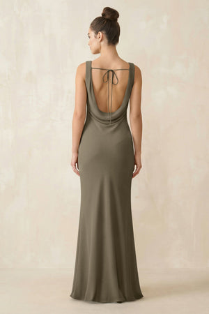 Cowl Neck Sheath Chiffon Bridesmaid Dress in Willow Green - KissProm Bridesmaid Dresses