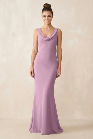 Cowl Neck Sheath Chiffon Bridesmaid Dress in Wisteria - KissProm Bridesmaid Dresses