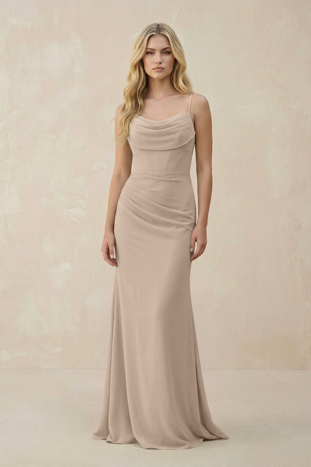 Cowl Neck Sheath Chiffon Bridesmaid Dress with Corset in Almond - KissProm Bridesmaid Dresses